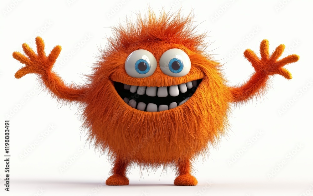 Cute furry orange monster, 3D cartoon character, with a round body and floppy arms, isolated on white background Cute furry orange monster, 3D cartoon character, with a round body and floppy arms, isolated on white background