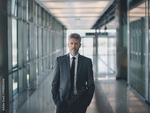 Confident Businessman in Modern Office Corridor Setting photo