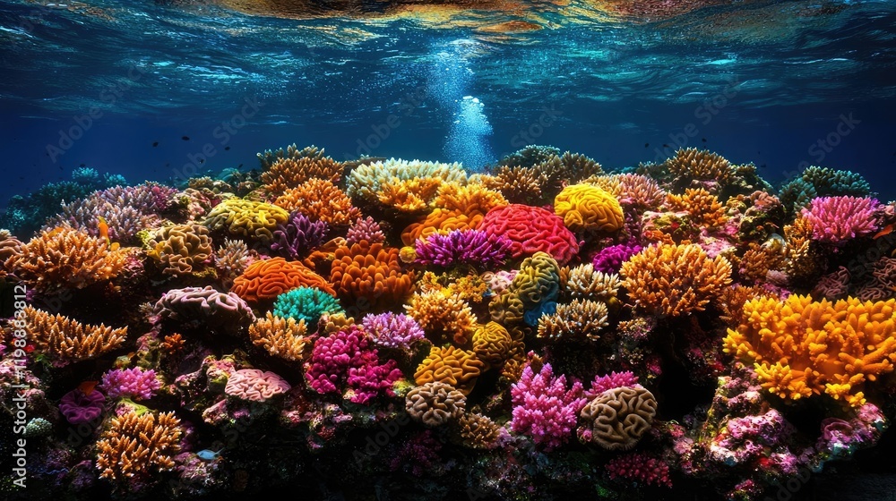 Naklejka premium Vibrant coral reef underwater scene, ocean life, marine ecosystem, nature conservation