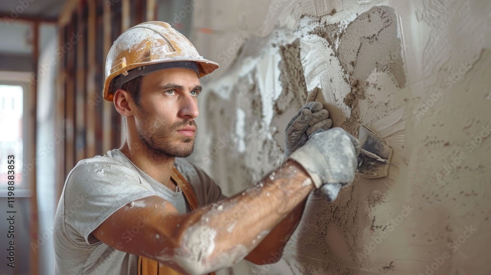 Professional worker applying mechanized plaster to a wall surface Professional worker applying mechanized plaster to a wall surface