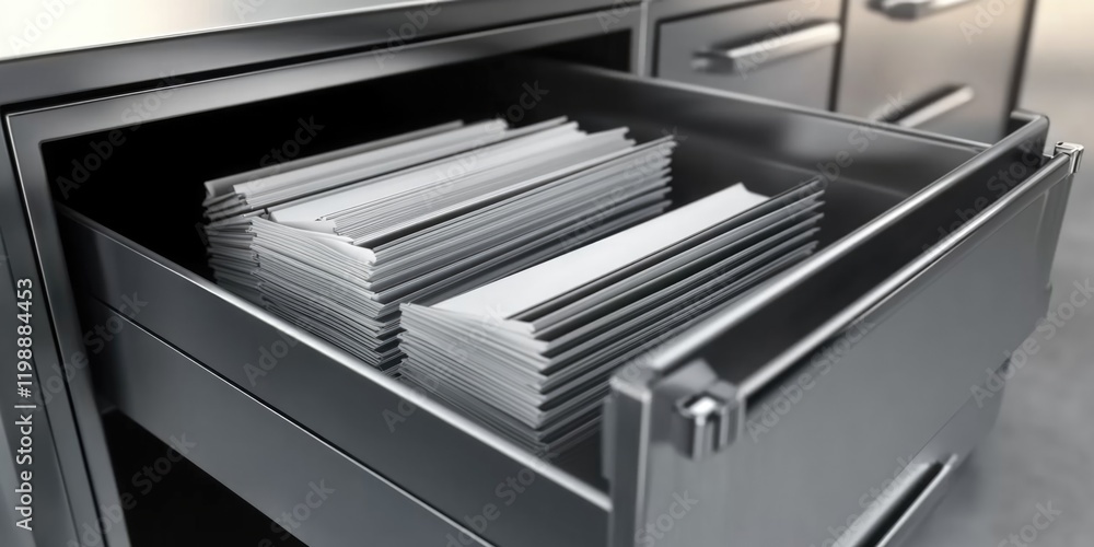 A file cabinet with a drawer open, revealing stacked files and folders