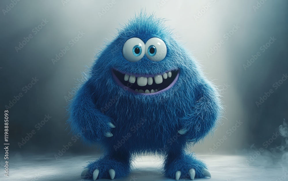 Fluffy blue monster with goofy teeth and big feet, 3D cartoon character, standing under a soft spotlight on white Fluffy blue monster with goofy teeth and big feet, 3D cartoon character, standing under a soft spotlight on white