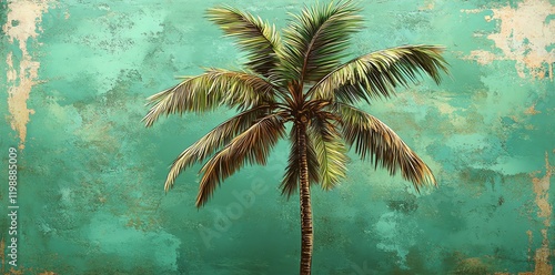 Palm tree against a teal textured wall.