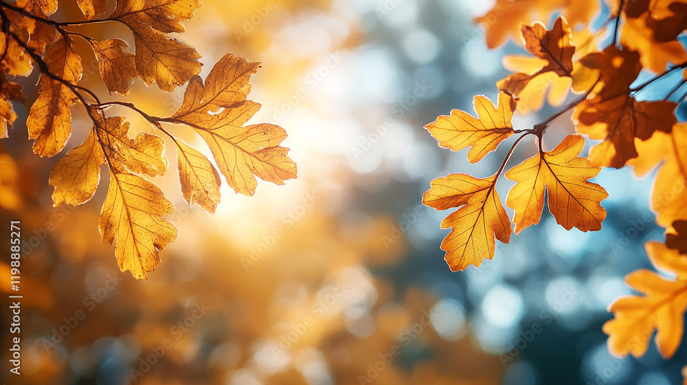 Autumn leaves illuminated by sunlight in a serene forest setting Autumn leaves illuminated by sunlight in a serene forest setting