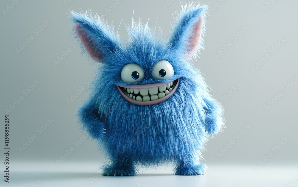 Fototapeta premium Fluffy blue monster with oversized ears and a cute grin, standing on a clean white surface