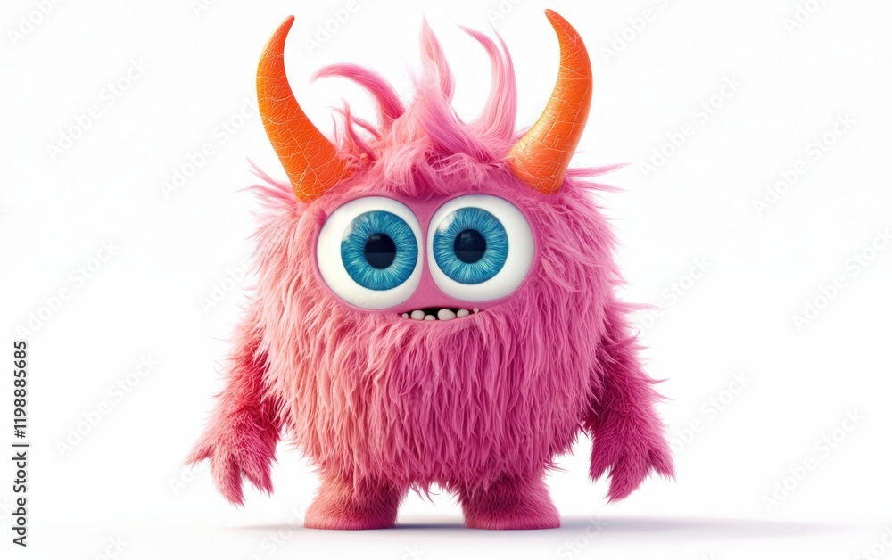 Fluffy pink monster with bright orange horns and big blue eyes, standing on a bright white background Fluffy pink monster with bright orange horns and big blue eyes, standing on a bright white background