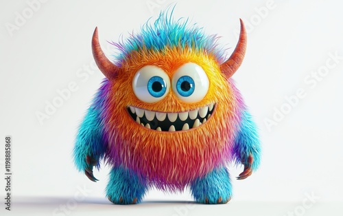 Friendly colorful monster with small horns and a big smile, isolated on a white surface