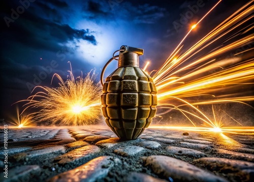 Long Exposure Photo of a Stick Grenade, Blurred Motion, Night Scene, Military Equipment photo