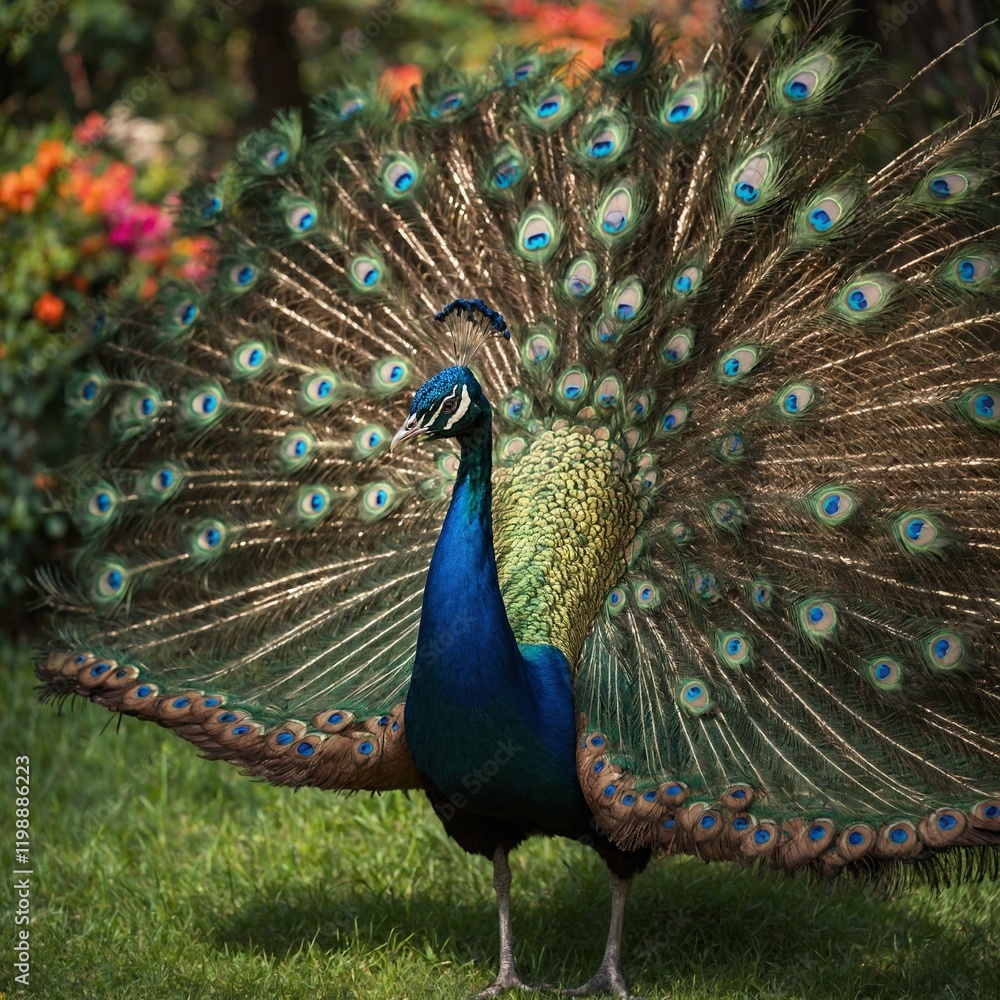 Obraz premium A peacock spreading its vibrant, iridescent feathers in a lush garden.A pair of lovebirds cuddling on a branch.A colorful peacock spreading its feathers in a lush green garden.