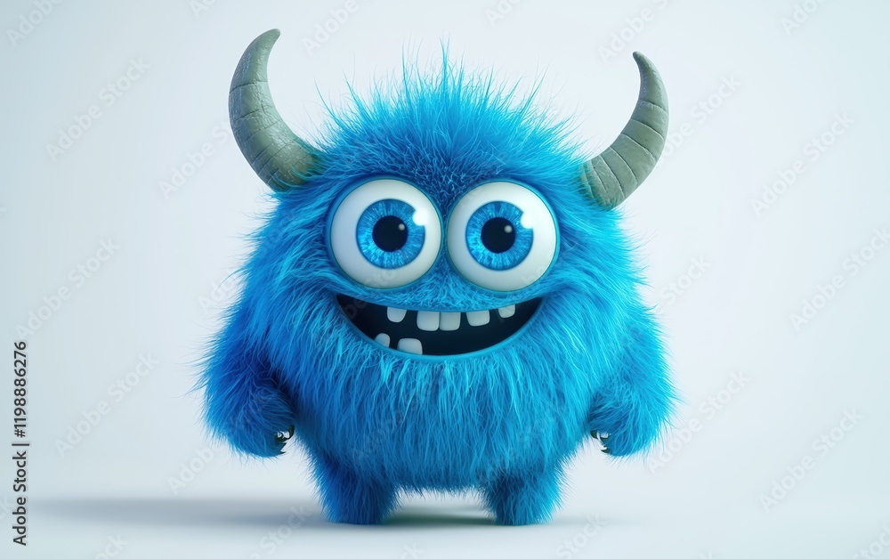 Naklejka premium funny Fluffy bright monster with horns and big blue eyes, cartoon charachter standing on a bright white background