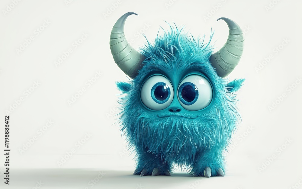Obraz premium funny Fluffy bright monster with horns and big blue eyes, cartoon charachter standing on a bright white background