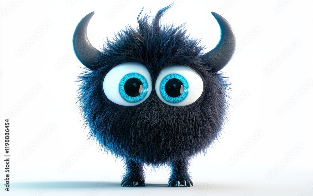 Fototapeta premium funny Fluffy bright monster with horns and big blue eyes, cartoon charachter standing on a bright white background