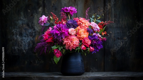 Wallpaper Mural Vibrant autumn flower bouquet in dark vase, rustic wood background; ideal for floral design websites Torontodigital.ca