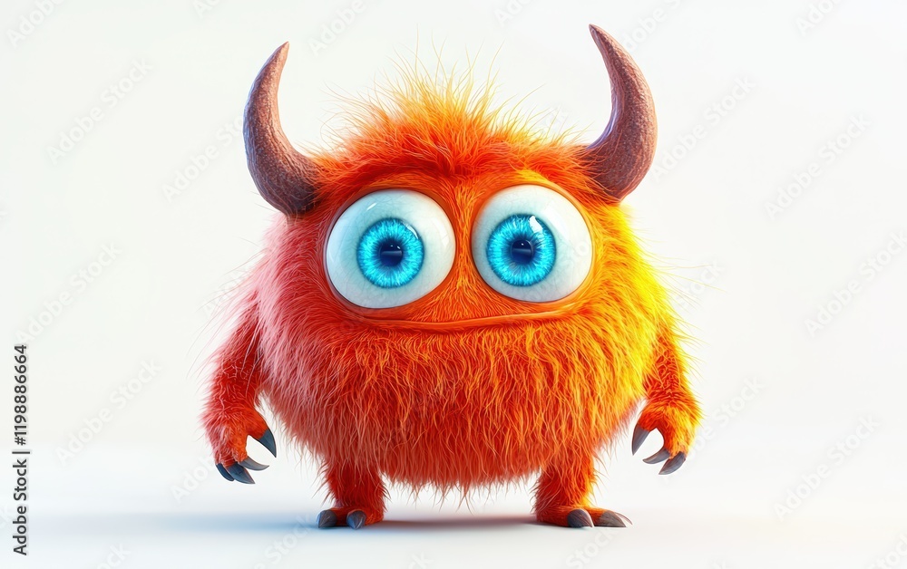 funny Fluffy bright monster with horns and big blue eyes, cartoon charachter standing on a bright white background funny Fluffy bright monster with horns and big blue eyes, cartoon charachter standing on a bright white background