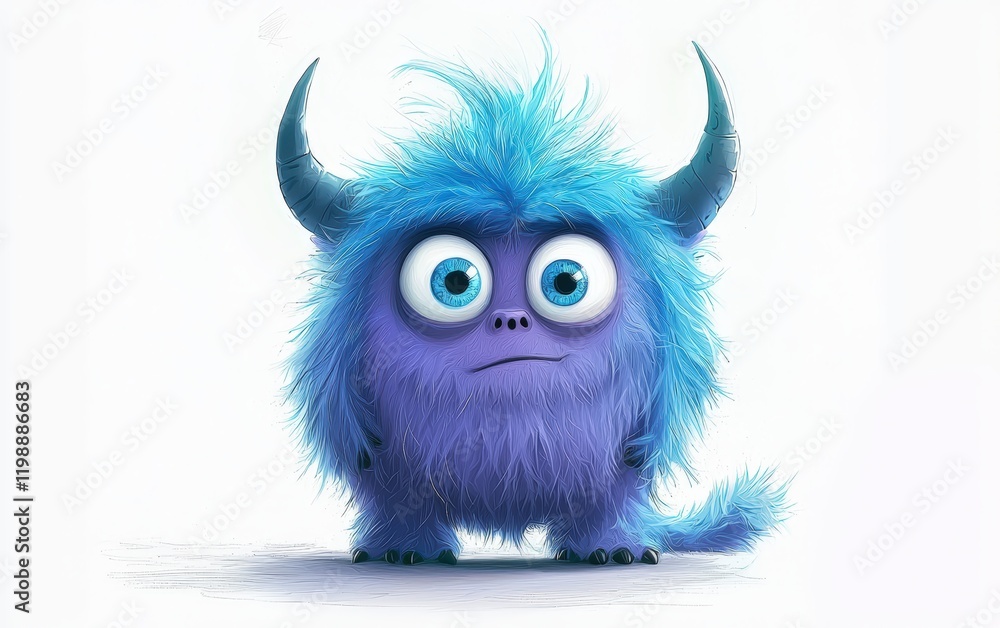 funny Fluffy bright monster with horns and big blue eyes, cartoon charachter standing on a bright white background funny Fluffy bright monster with horns and big blue eyes, cartoon charachter standing on a bright white background