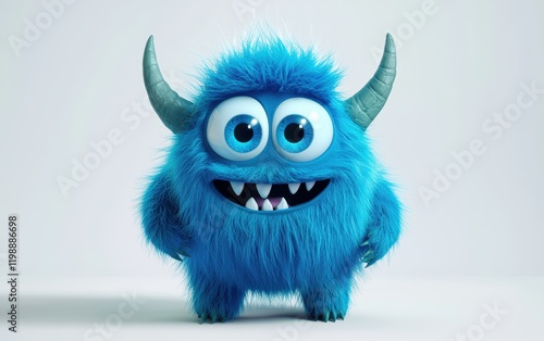 funny Fluffy bright monster with horns and big blue eyes, cartoon charachter standing on a bright white background