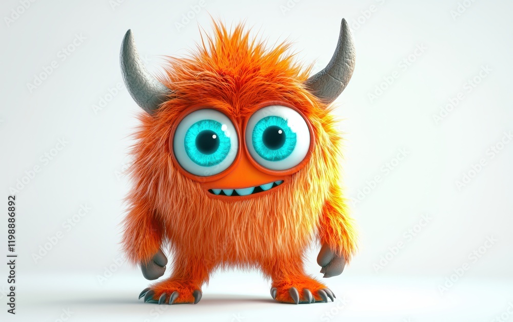 funny Fluffy bright monster with horns and big blue eyes, cartoon charachter standing on a bright white background funny Fluffy bright monster with horns and big blue eyes, cartoon charachter standing on a bright white background