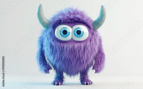 funny Fluffy bright monster with horns and big blue eyes, cartoon charachter standing on a bright white background