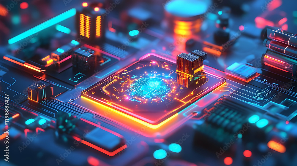 Vibrant close-up of a futuristic circuit board with glowing components. Vibrant close-up of a futuristic circuit board with glowing components.