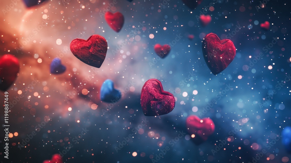 Red and blue hearts floating in cosmic dust and nebulae with soft lighting Red and blue hearts floating in cosmic dust and nebulae with soft lighting