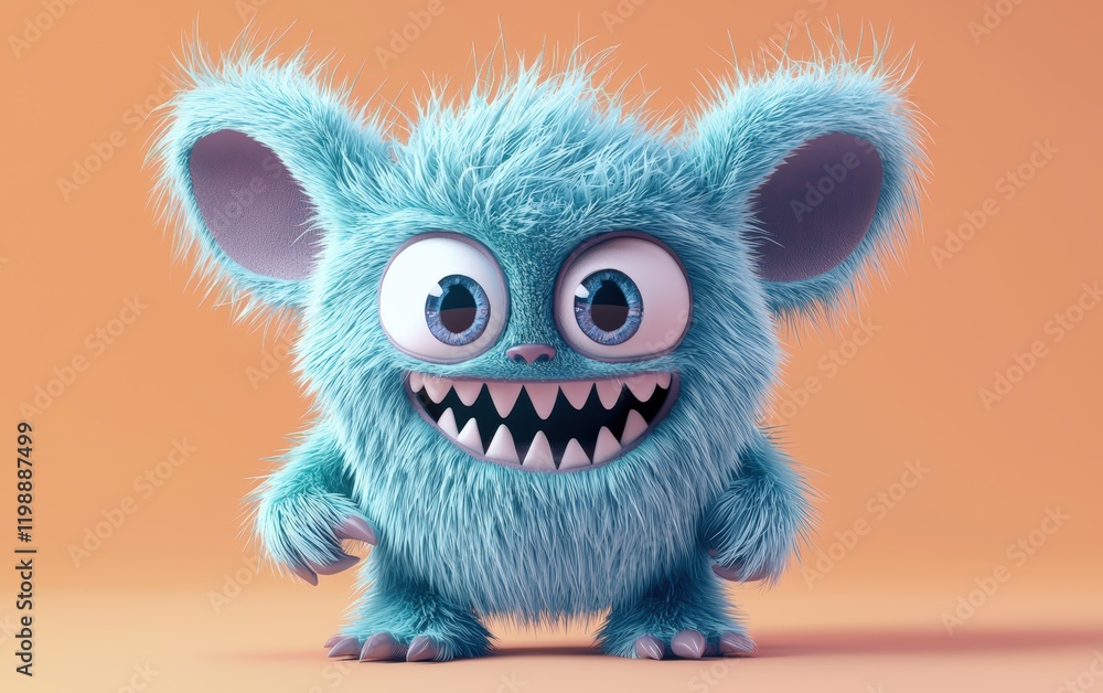 Fototapeta premium Furry light blue 3D monster with big floppy ears and a wide grin, on a pastel orange background