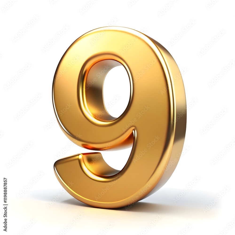 The number 9 with a shiny golden effect on a white background. The number 9 with a shiny golden effect on a white background.