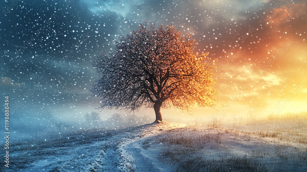 Fototapeta premium Winter sunset over a solitary tree with snowfall in a serene landscape