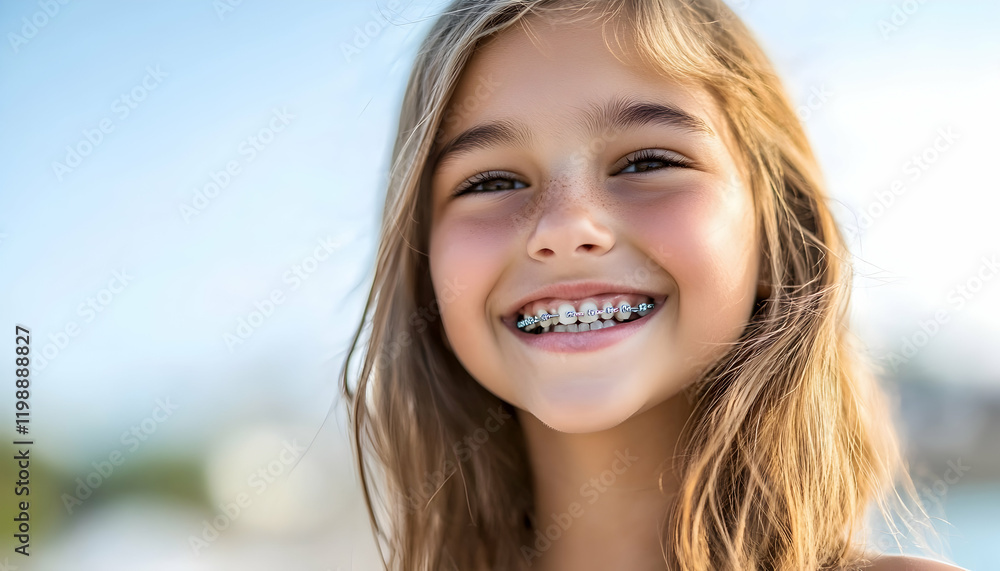 Smiling young girl with braces during a routine dental checkup in a bright clinic setting - Smiling young girl with braces during a routine dental checkup in a bright clinic setting -
