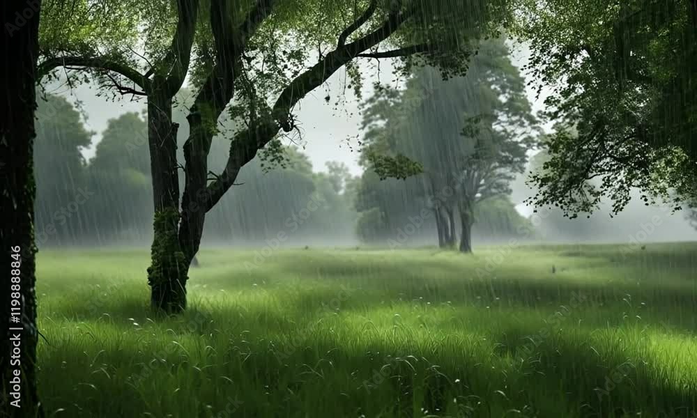 Torrential downpour affecting the trees in the meadow. Torrential downpour affecting the trees in the meadow.