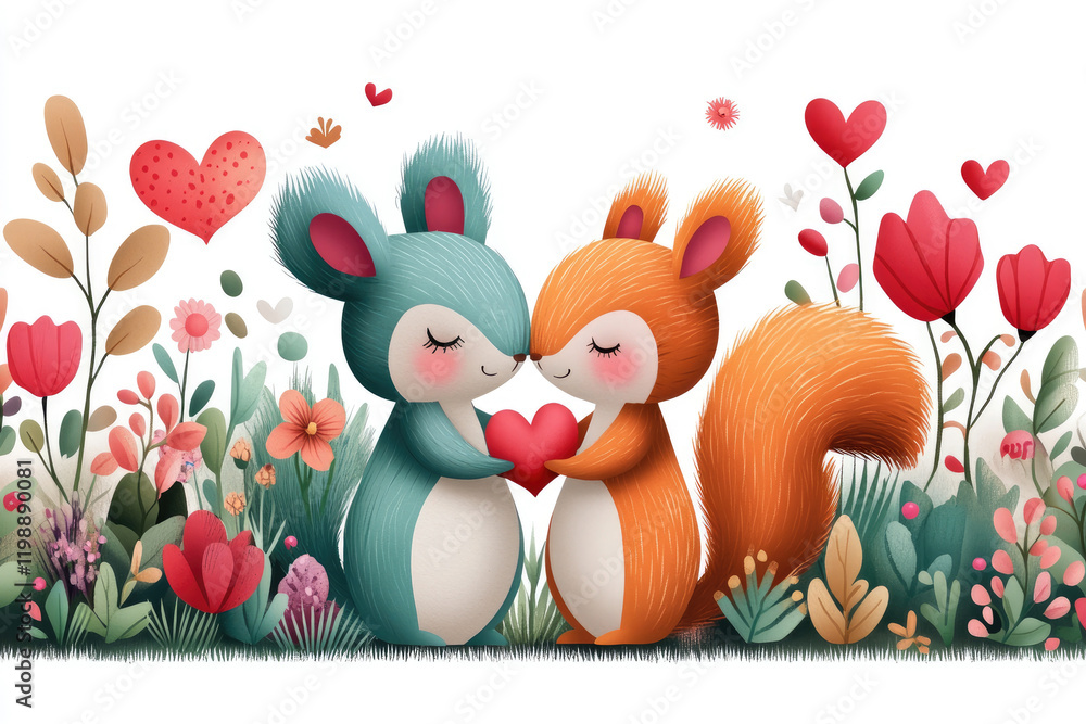 Naklejka premium Lovely valentine sticker featuring cute squirrel in love pastel color design for romantic invitations and anniversary celebrations