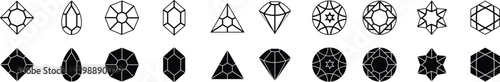 Jewel and gem icons set. Gemstone luxury black vector isolated on transparent background. Different angle of crystal diamond gemstone elements for jewelry, shiny, wealth fashion gift princess and web