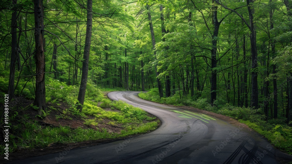 Obraz premium Curved Road Surrounded by Lush Trees in a Forest