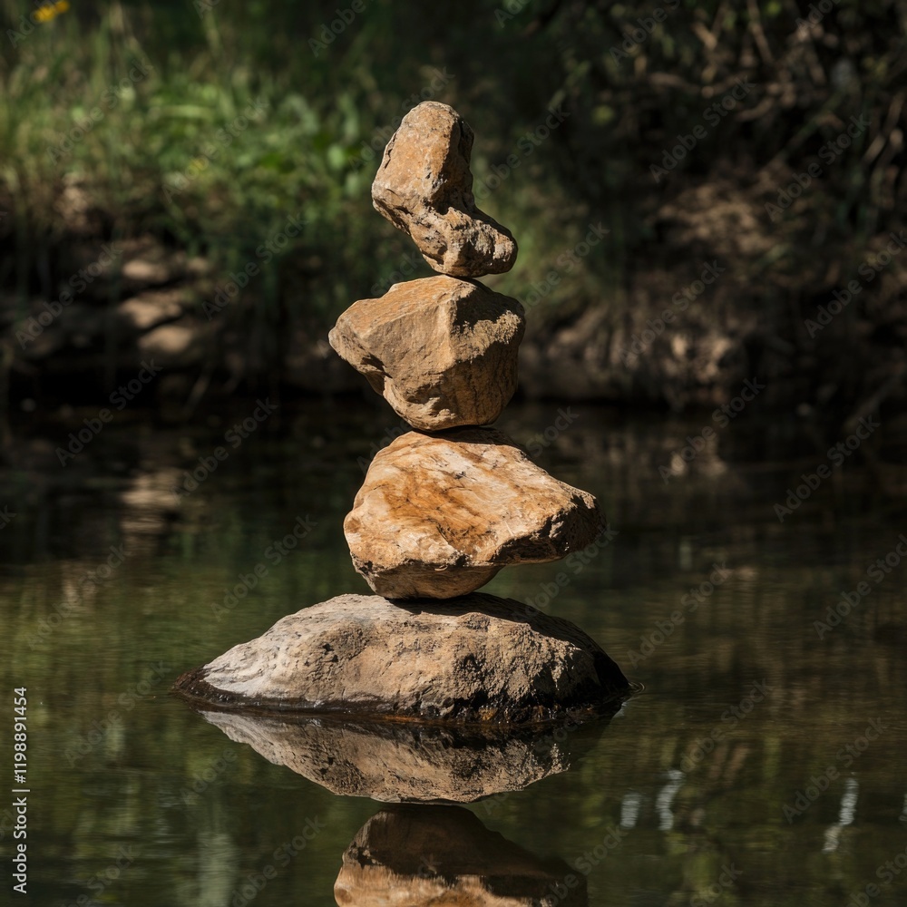A stack of rocks sitting on the surface of a body of water, perfect for use in travel or nature-themed designs A stack of rocks sitting on the surface of a body of water, perfect for use in travel or nature-themed designs