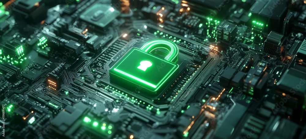 Digital circuit board with green lock symbol representing cybersecurity and data protection in today's technology landscape Digital circuit board with green lock symbol representing cybersecurity and data protection in today's technology landscape