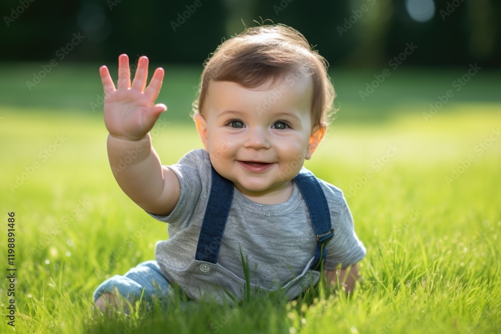 Adorable Baby Waving Hello on Green Grass Lawn Outdoors Adorable Baby Waving Hello on Green Grass Lawn Outdoors