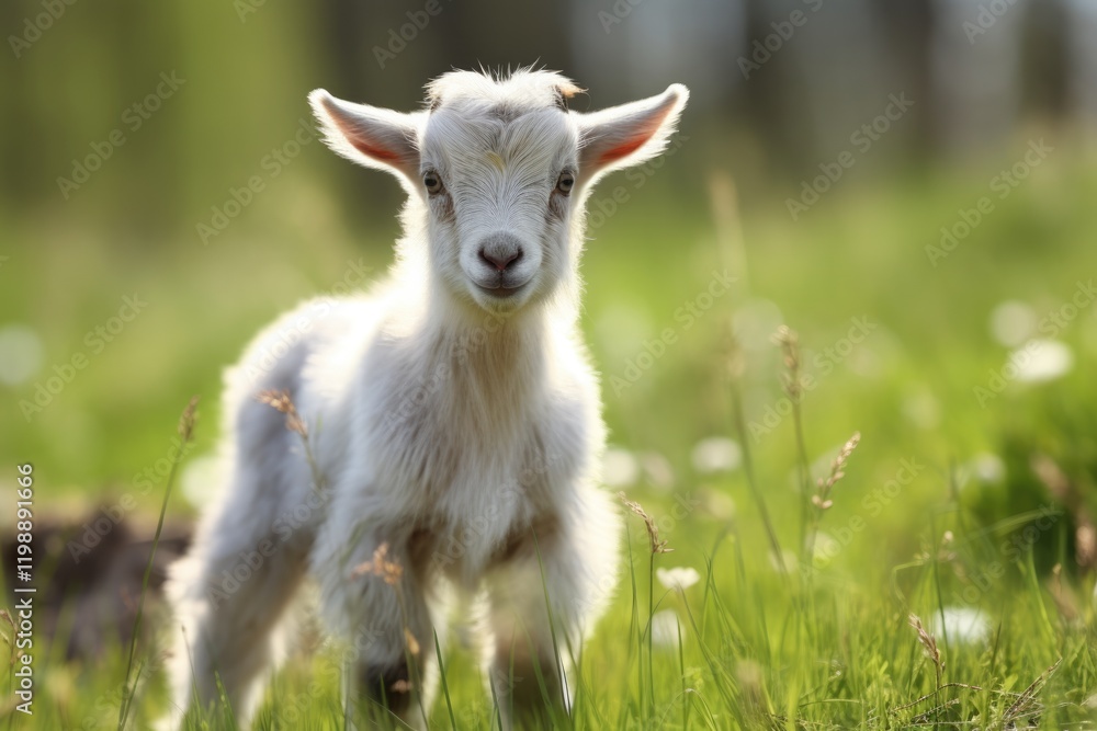 Adorable White Goat Kid Grazing on Green Spring Grass - Cute Baby Animal on Farm Adorable White Goat Kid Grazing on Green Spring Grass - Cute Baby Animal on Farm