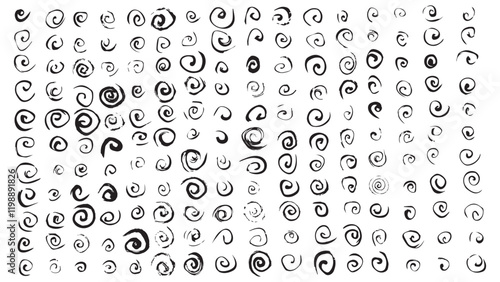 Set of spiral and swirl motion brush drawn elements, black strokes in the form of curls for design, swirls in grunge style, collection of black envy drawn in ink, casual style, radial hypnotic spirals