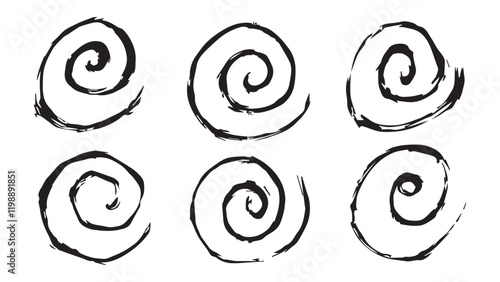 Black and white collection of spirals drawn in ink with wide brush, set of abstract careless strokes in the shape of spirals on white background, black strokes in the form of curls for design