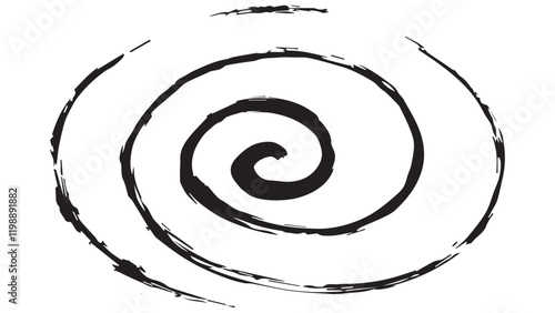 Large black whirlpool hand drawn in ink on white background, careless spiral drawn with dry wide brush, the concept of hypnosis, imitation of hallucinations, grunge style, abstract stroke