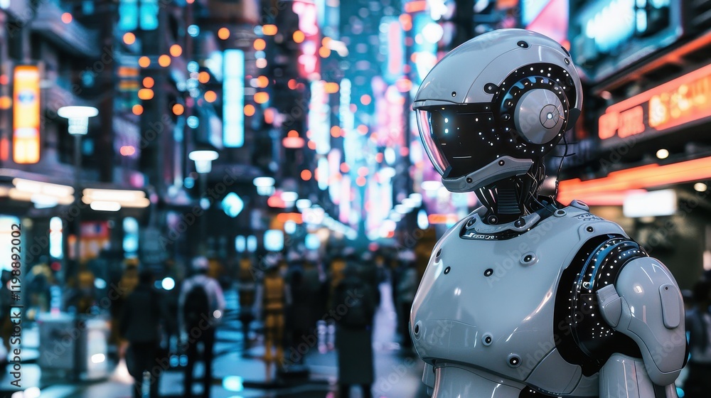 Futuristic Robot Policeman Patrolling a Bustling Urban Street Futuristic Robot Policeman Patrolling a Bustling Urban Street