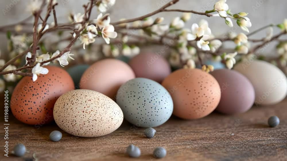 Pastel speckled eggs among delicate spring blossoms on rustic wood