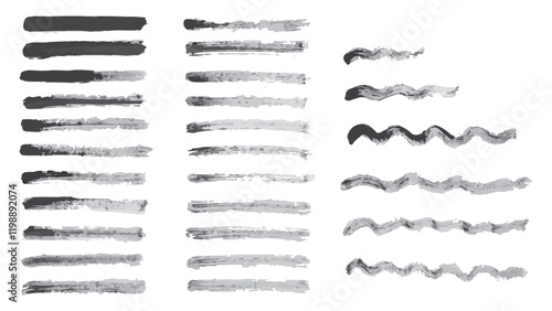 Set of curved and straight black lines made in ink for beautiful design, grunge line collection, painted rectangular diagonal shapes of different shapes and thicknesses, grunge set of strokes for text