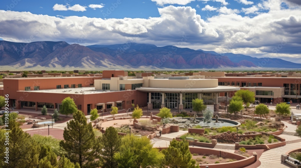 Aerial View of University of New Mexico - Albuquerque Campus with Mountains and Spring Clouds in the Background