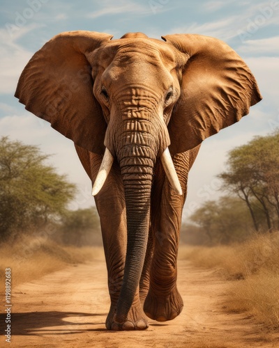 African Elephant Walking Towards the Front with a Majestic Gravitas. Isolated Image of This Wild Animal in Nature photo