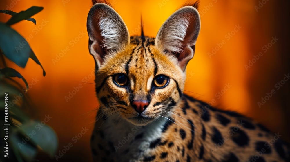 Obraz premium African Serval Cat: Closeup Shot of Alert Carnivorous Feline with Focused Ears In Wide Screen Format