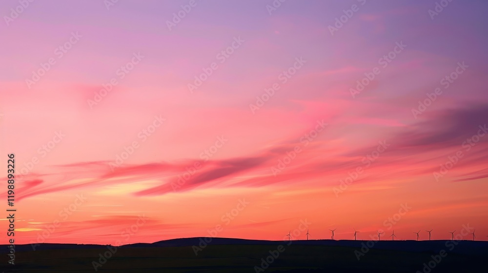 Fototapeta premium Scenic sunset view of windmills against colorful sky horizon