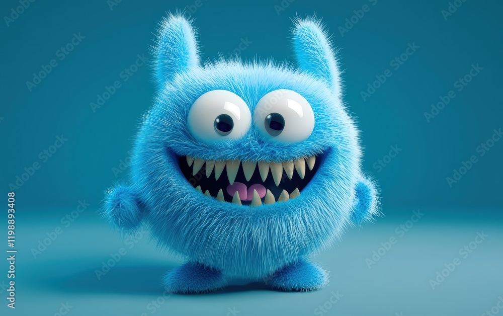 Playful blue fuzzy monster with floppy ears and a wide grin, 3D character design, on a minimal gradient background Playful blue fuzzy monster with floppy ears and a wide grin, 3D character design, on a minimal gradient background