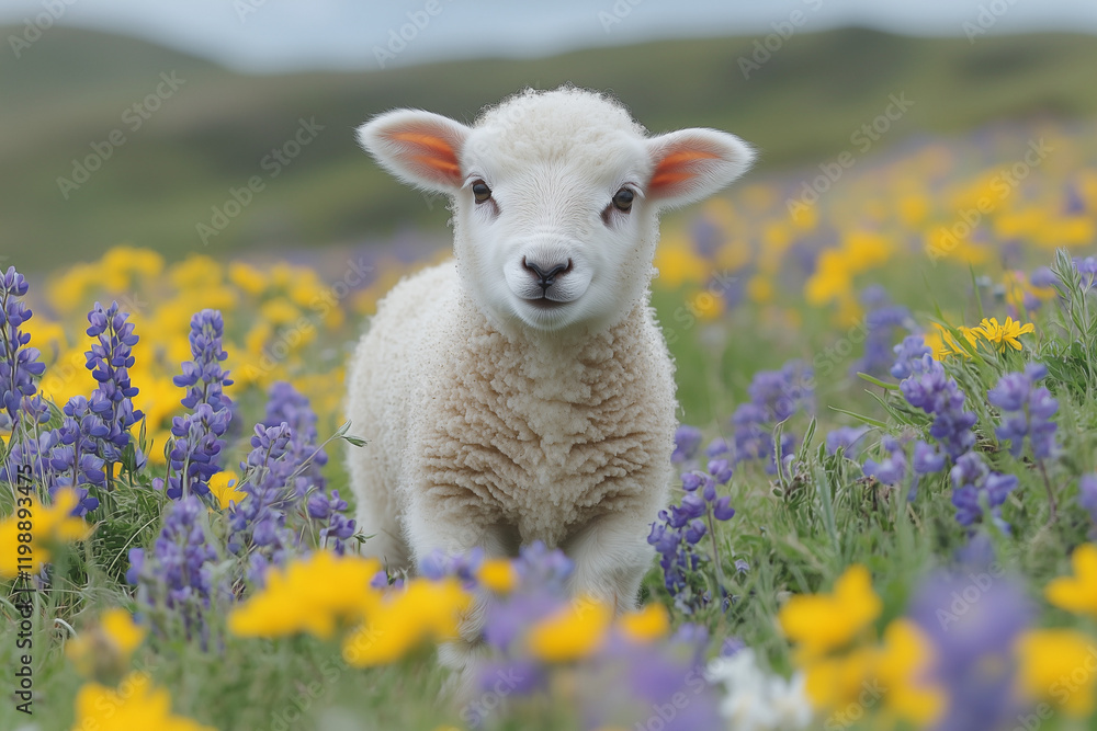 Lamb standing in a meadow with purple and yellow wildflowers. Lamb standing in a meadow with purple and yellow wildflowers.