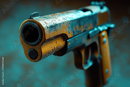 A close-up view of a gun resting on a table, ready for use photo