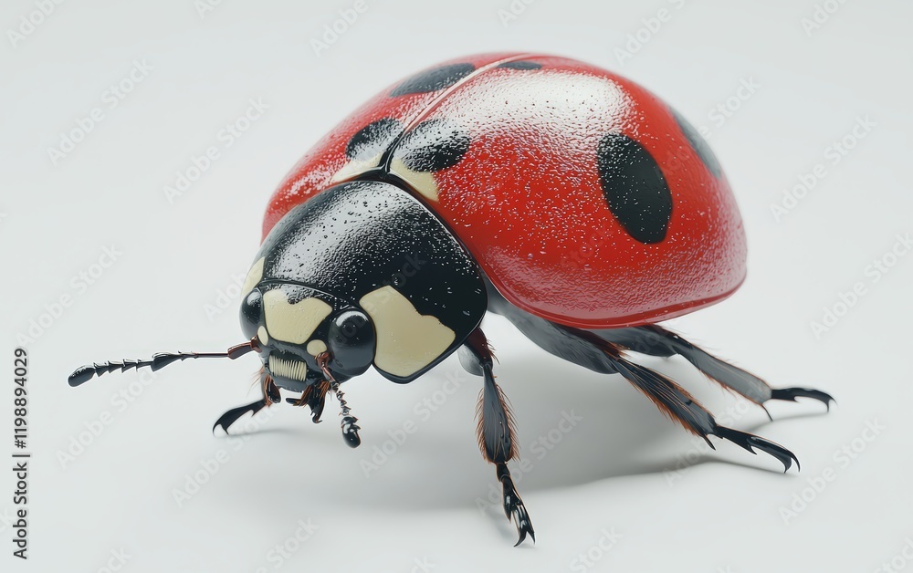Fototapeta premium Realistic 3D model of a ladybug, red shell with black spots, isolated on a bright white background